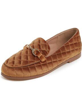 Women's Camel Brown Velvet Quilted Loafers Gold Bit Hardware Slip On Flat Shoes